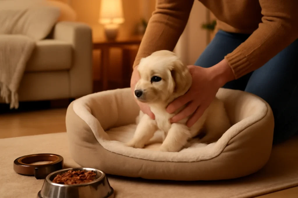 Imagem de filhote de cachorro sendo colocado em cama confortável com coleira e tigela de ração, ambiente acolhedor