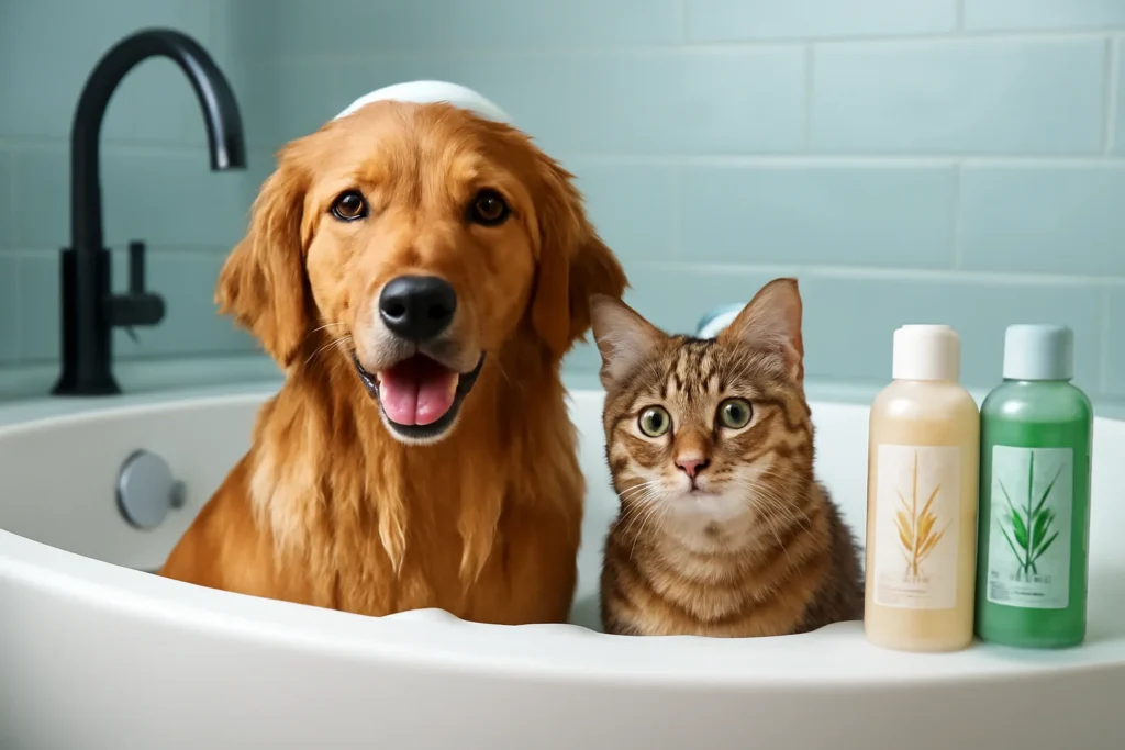 Imagem de cachorro e gato em banho, destacando pele saudável e brilho, com produtos naturais ao lado, tudo relacionado ao seu pet coçando parar.
