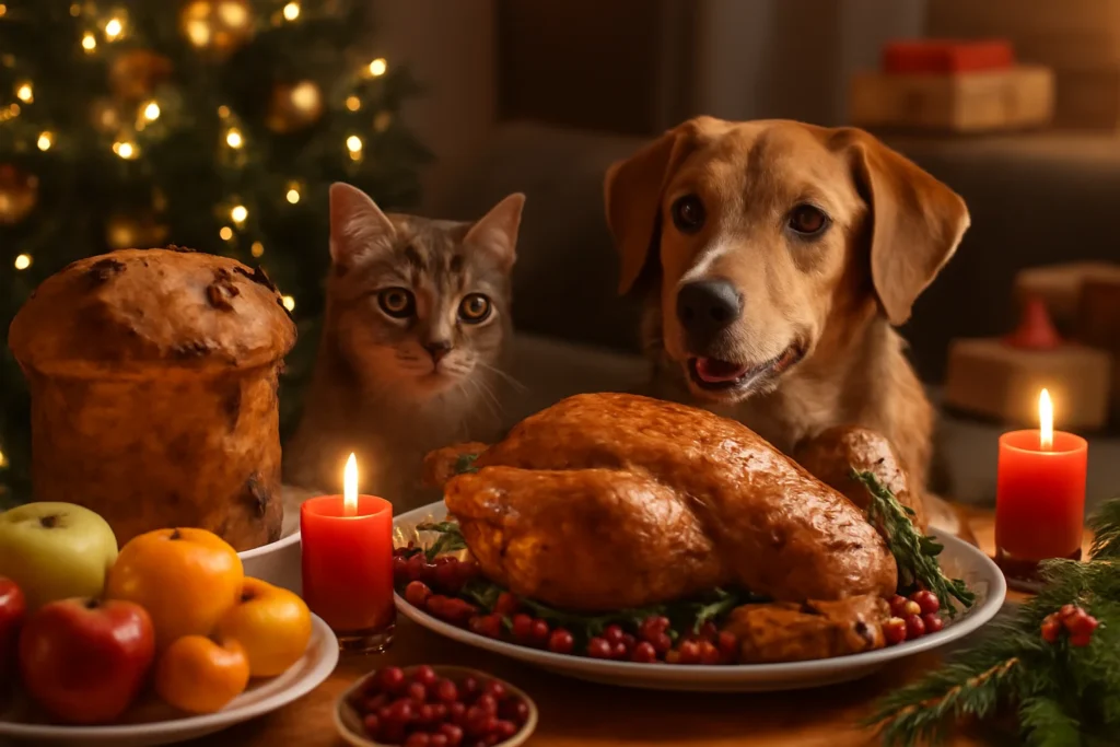 Imagem de uma mesa de Natal com alimentos tradicionais, cães e gatos curiosos, destacando cuidado na ceia com alimentos perigosos para pets