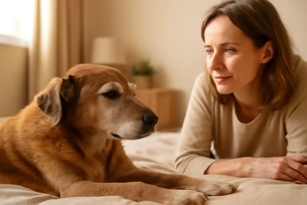 Cão idoso de perfil deitado tranquilamente sobre cama, atento à dona em ambiente doméstico com luz suave