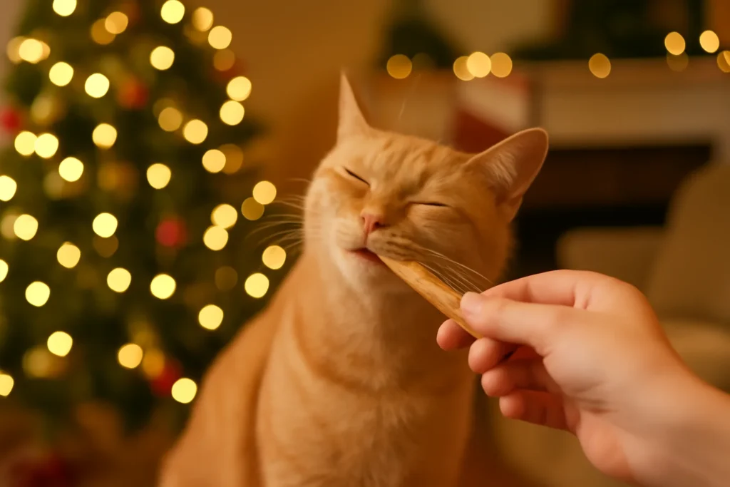 imagem de um pet sendo presenteado com brinquedo ou petisco em cenário natalino aconchegante
