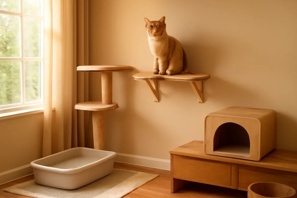 Imagem de um espaço doméstico organizado com gato, caixa de areia limpa, árvore de escalada e ambiente tranquilo para evitar errar 4 coisas com seu gato