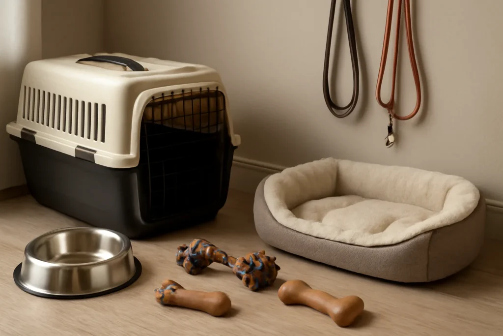 Cena de acessórios essenciais filhotes, incluindo caixa, comedouro, brinquedos e cama em renderização 3D