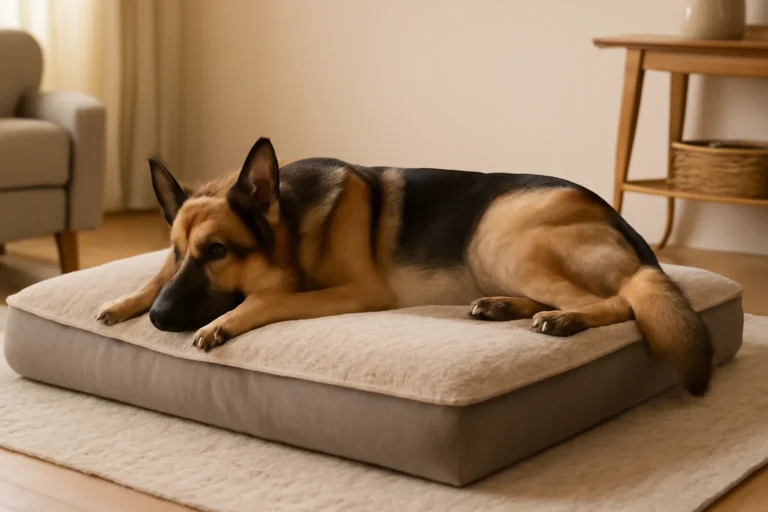 Cachorro da raça pastor alemão descansando em um top 5 dog beds ortopédico confortável na sala