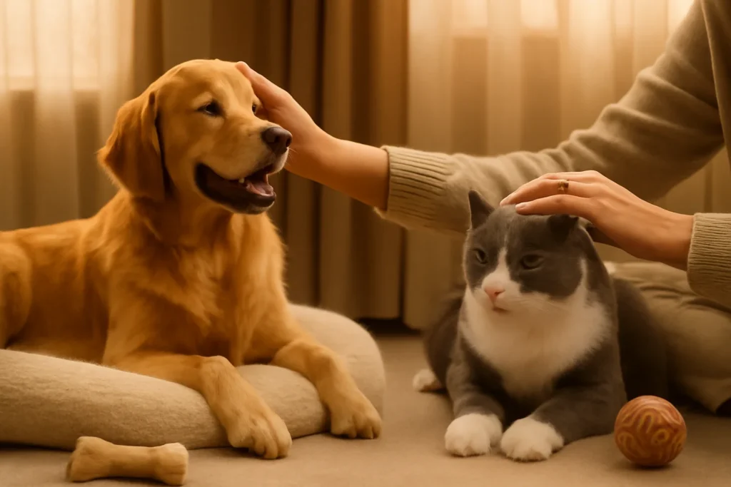 Imagem de um cachorro e gato em ambiente acolhedor, com pessoas acariciando-os, transmitindo calma e segurança, relacionados a como acalmar seu cachorro