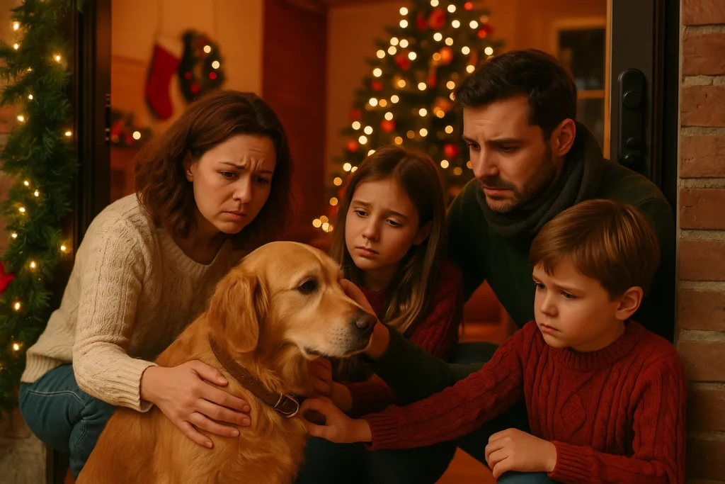 Família se despedindo de cachorro na porta de casa com decoração natalina, refletindo cuidado e responsabilidade no dezembro verde