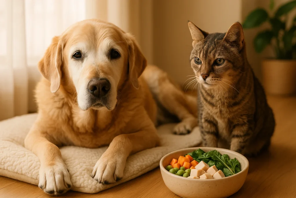 Cão e gato idosos relaxando após fisioterapia ao lado de alimentação natural em ambiente calmo