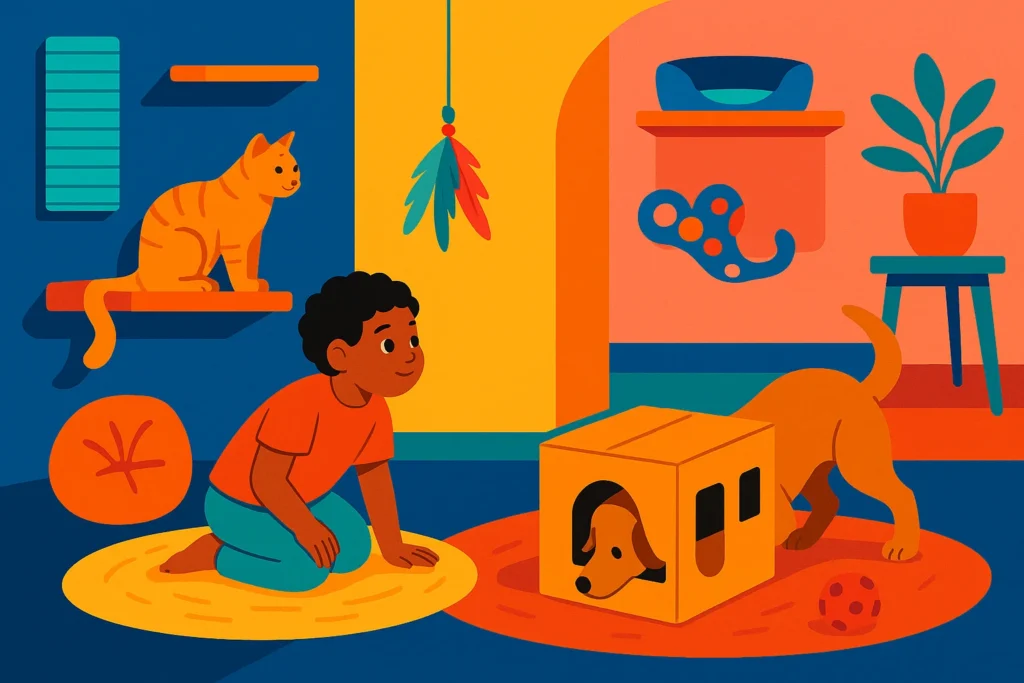 Ilustração vibrante de um espaço doméstico com enriquecimento para pets, cães explorando caixas, gatos nas prateleiras e brinquedos coloridos.
