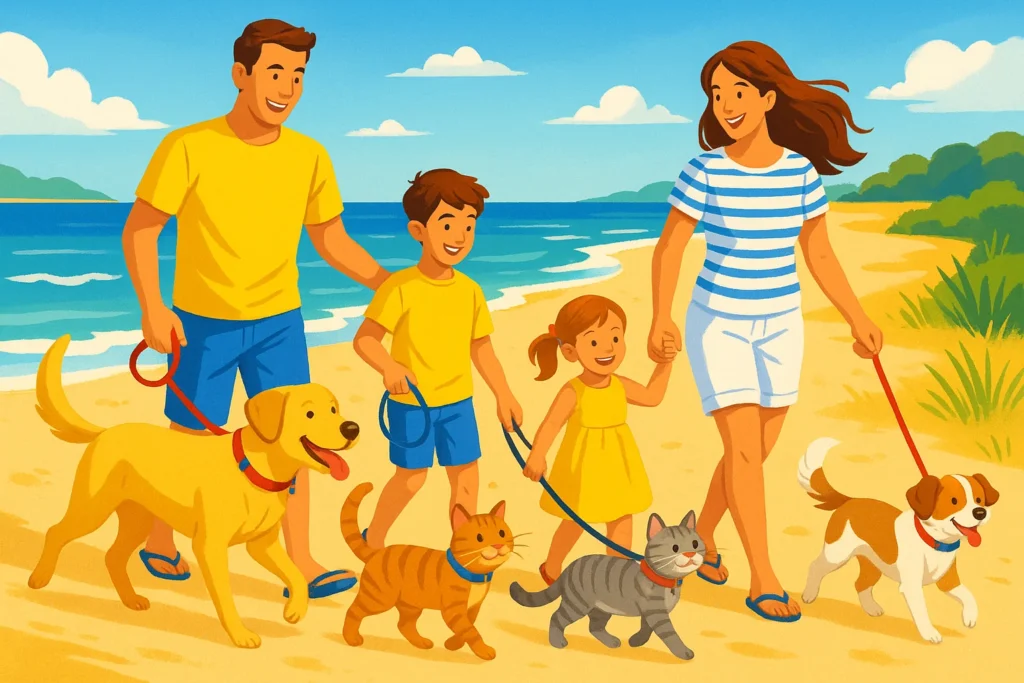 Família na praia com cães e gatos usando coleiras, aproveitando passeio pet friendly ao mar