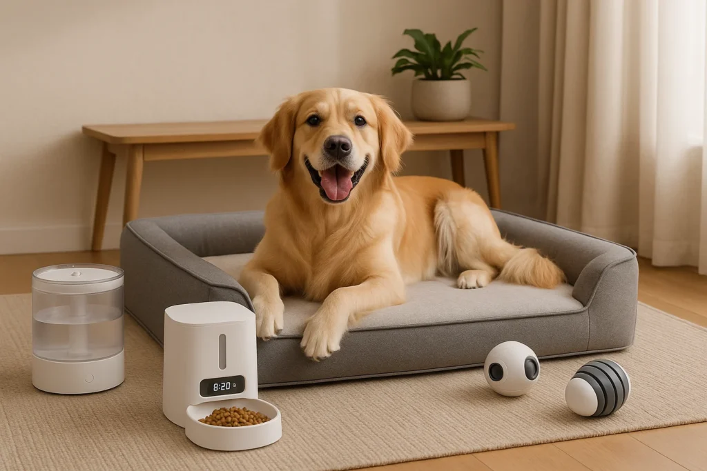 Cão feliz de porte médio em cama ortopédica, cercado por acessórios pet tecnológicos, promovendo os 15 melhores produtos para cães.