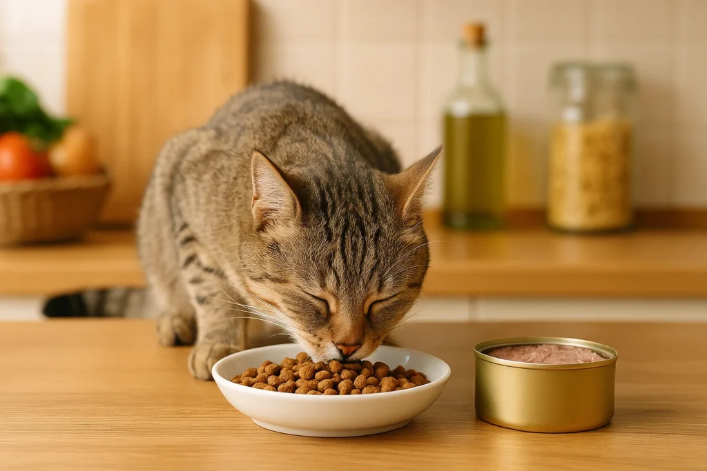 Gato se alimentando de ração seca ao lado de lata de ração úmida na cozinha, destacando as melhores rações gatos 2025