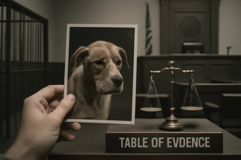 Imagem horizontal de sala de tribunal vazia, cela, evidências, mão com foto de cachorro maltratado e balança de justiça, destacando animal cruelty registries in.