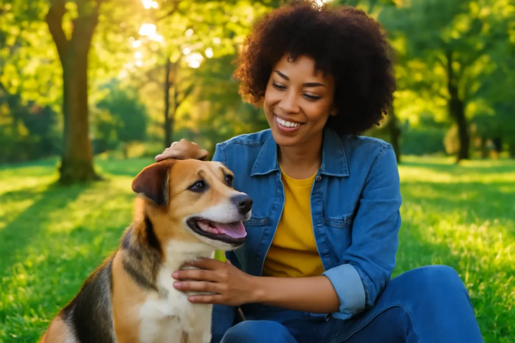 Pessoa sorrindo ao lado de um cachorro de porte médio no parque, mostrando como pet pode ajudar na conexão emocional