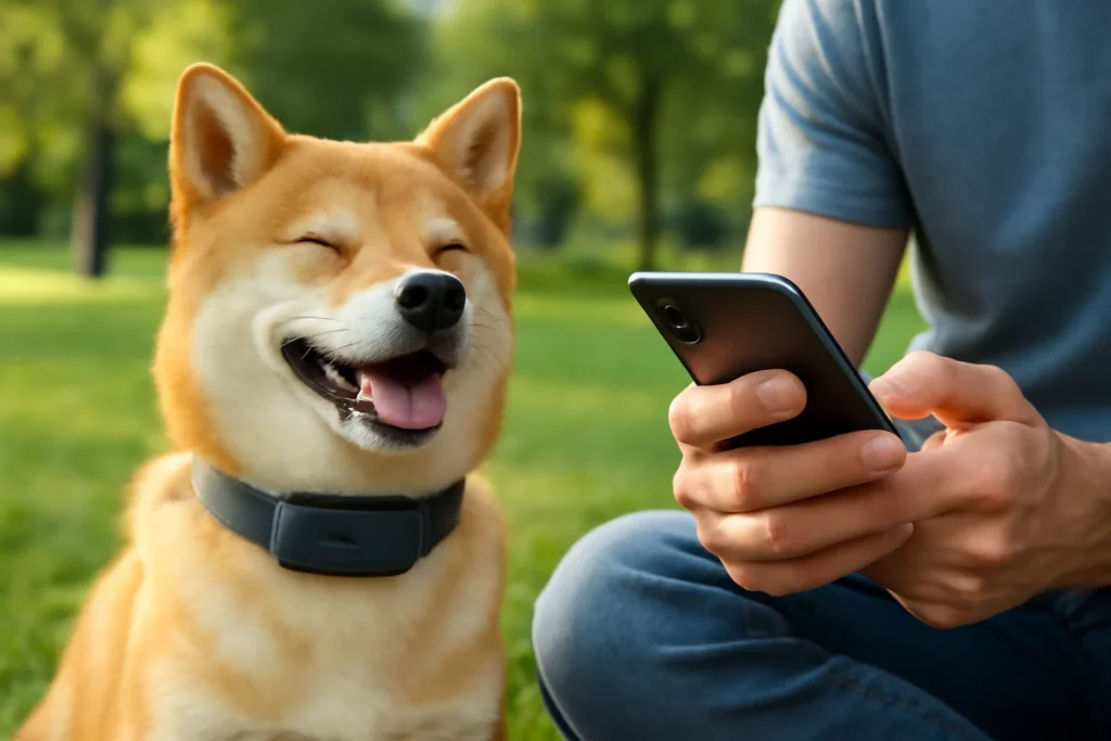Cachorro feliz com coleira inteligente pets 2026 em parque, pessoa verificando smartphone ao fundo