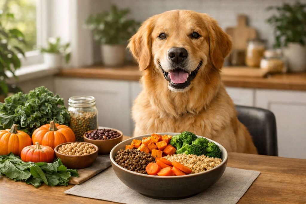 Cachorro golden retriever comendo dieta vegana natural com legumes e proteínas vegetais