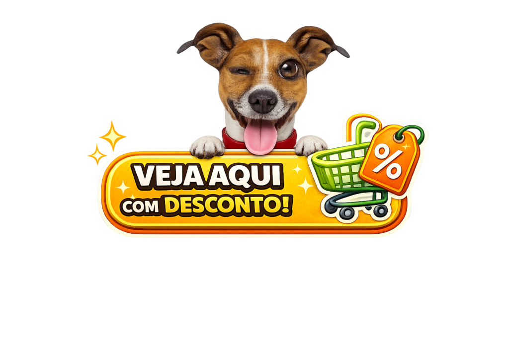 Cachorro simpático piscando o olho com botão veja aqui com desconto para produtos pet