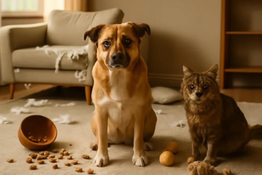Imagem de cachorro e gato ansiosos em ambiente doméstico com móveis destruídos e objetos dispersos, ilustrando sinais de ansiedade em pets como identificar.