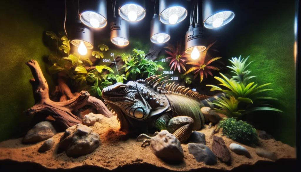 Imagem de uma iguana em seu terrário, destacando a textura de sua pele e elementos como plantas e rochas, retratando animais estimação exóticos descobertos.