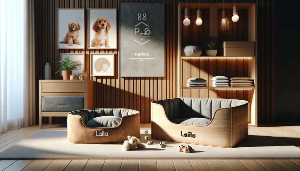 Renderização 3D de cama box pet Laila e Pata Nuvem em ambiente moderno com detalhes de materiais